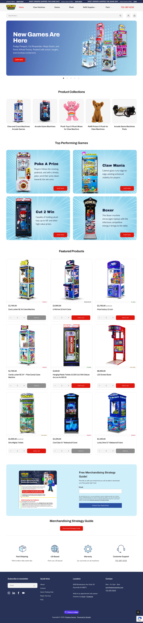 Pipeline Games redesigned Shopify homepage