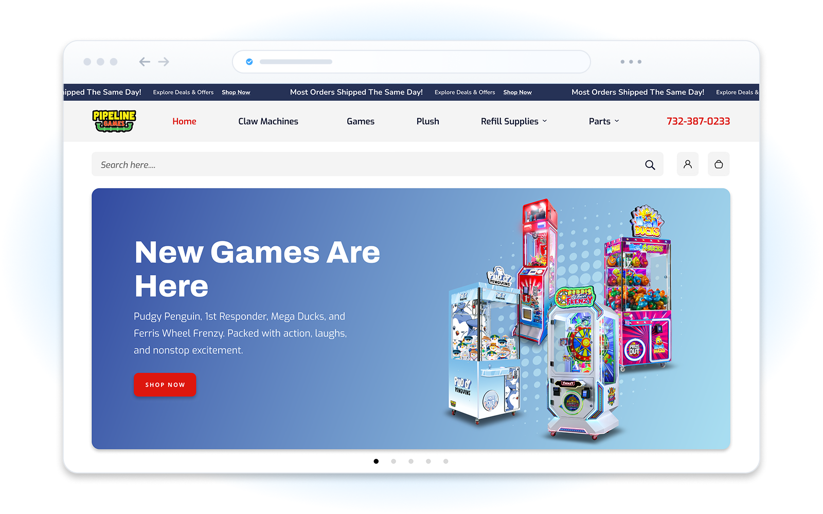 Shopify homepage redesign for Pipeline Games displayed in a browser mockup, highlighting the redesigned e-commerce experience.