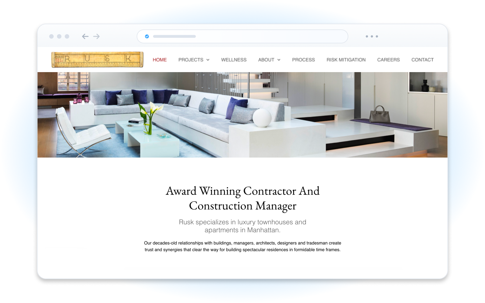 Rusk Renovations website redesign displayed in a browser mockup, featuring a refined layout and premium visual presentation.