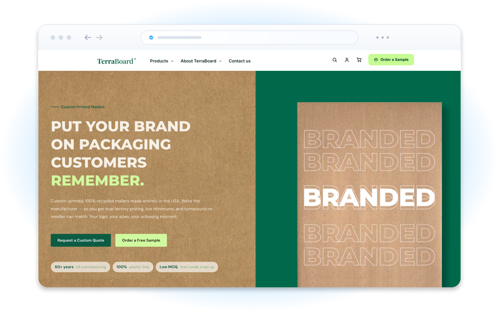 TerraBoard Shopify website rebuild displayed in a browser mockup, featuring the redesigned homepage and scalable e-commerce implementation.
